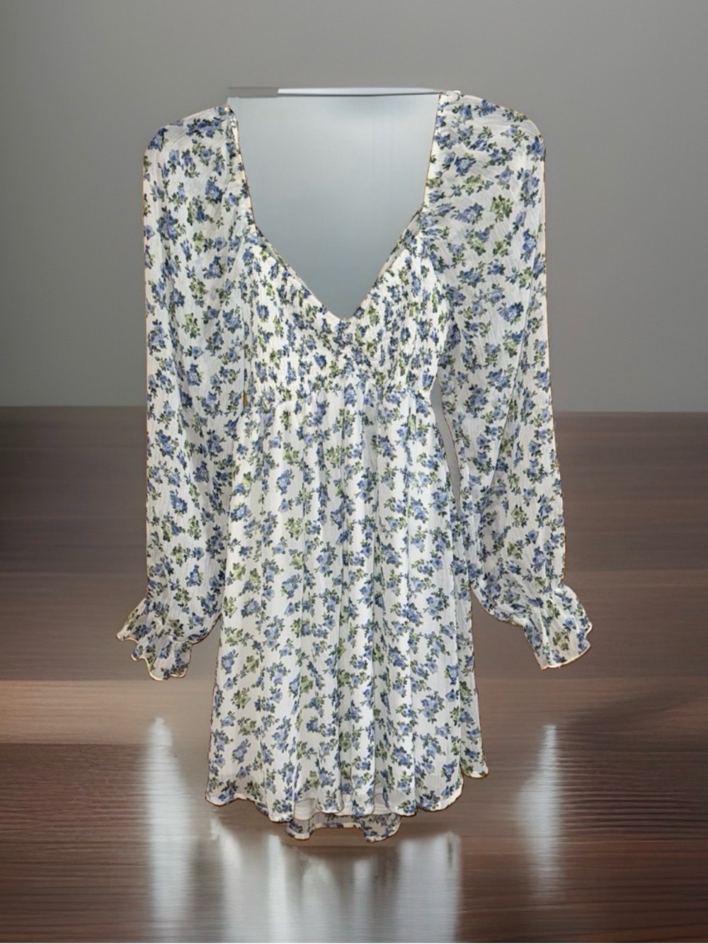 Thirty Thirty Smocked V-Neck Open Back Mini Dress w/Blue & Green Floral-M-EC